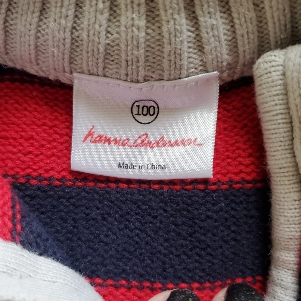 Hanna Andersson 100 US 4 Sweater Red Blue Stripes Mockneck 1/4 zip Combed Cotton